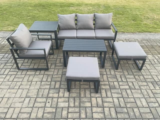 Fimous Aluminium 6 Pieces Garden Furniture Sofa Set with Cushions 6 Seater Outdoor Patio Set with Armchair 2 Big Footstools Side Table in Dark Grey Da