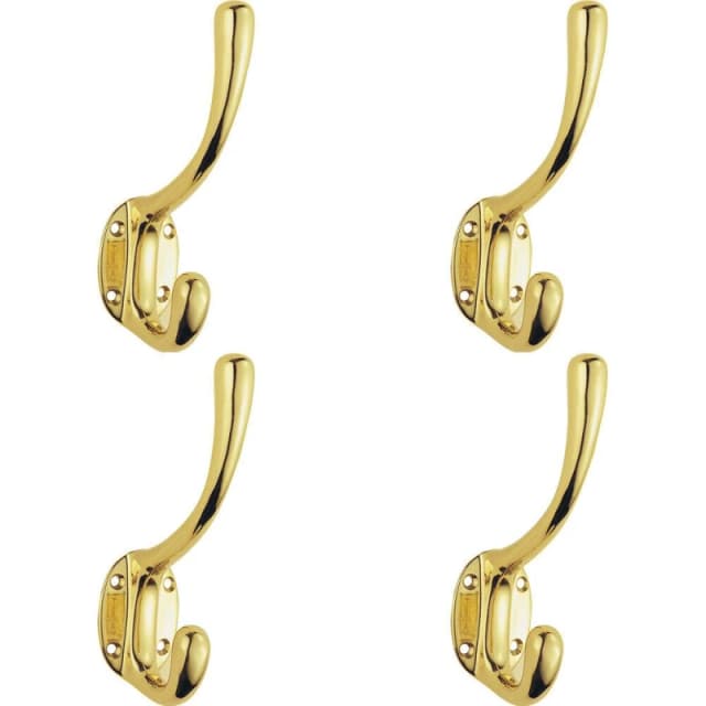 Loops 4x Heavyweight One Piece Hat & Coat Hook 76mm Projection Polished Brass Metallics