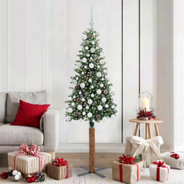 vidaXL Slim Christmas Tree with 300 LEDs, White Balls Green and White 180 cm, Green 3394902
