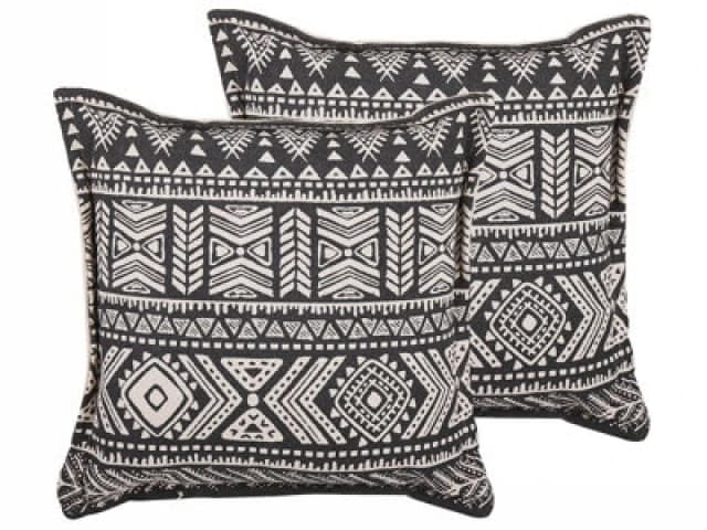 Beliani Set Of 2 Decorative Cushions Sirvan Cotton 45 X 45cm Black Geometric Pattern