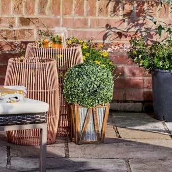 Indoor Outdoor Garden Solar Light Decor, Pre Lit Automatic Artificial Faux Round Topiary Shrub Bush with Farmhouse Wooden Plant Pot - Brown - Teamson