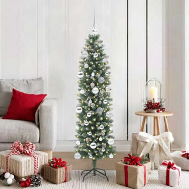 vidaXL Artificial Slim Christmas Tree with Silver Balls Green and white 150 cm, Green 3395286