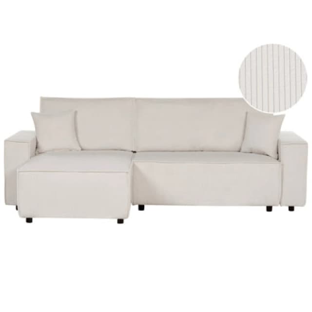 Beliani Corner Sofa Bed 3 Seater Abacka Corduroy Off-White Right Hand