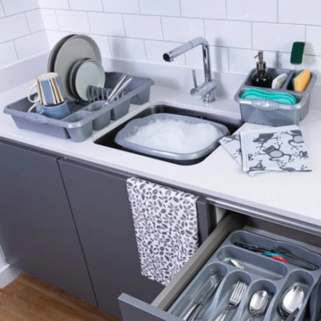 Wham 4 Piece Casa Plastic Kitchen Set Silver (38Cm Rectangular Bowl, Large Cutlery Tray, Large Dish Drainer & Sink Tidy)