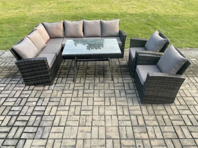 Fimous High Back Outdoor Garden Furniture Set Rattan Corner Sofa Dining Table Set With 2 Armchairs 8 Seater in Dark Grey Dark Grey Unisex
