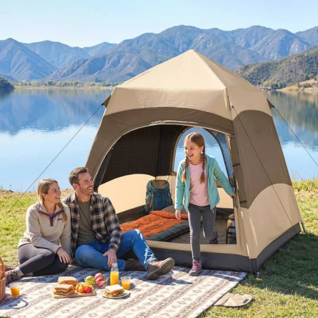 OUTSUNNY Double Layer Pop Up Tent with Rainfly, Portable Camping Shelter in Brown Brown Unisex