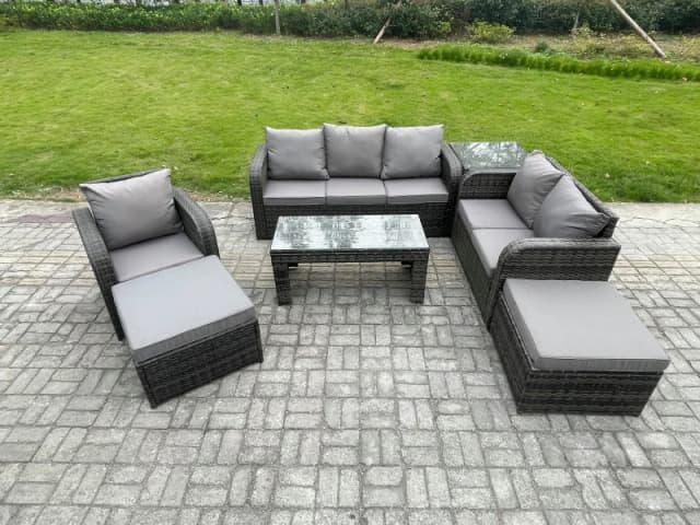Fimous High Back Rattan Garden Furniture Set with Loveseat Sofa Rectangular Coffee Table Side Table 2 Big Footstool Indoor Outdoor Patio Lounge Sofa S