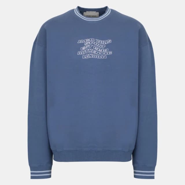 Jack Wills Mens Tipped Graphic Cotton Long Sleeve Oversized Fit Crew Sweatshirt Steel Blue male S