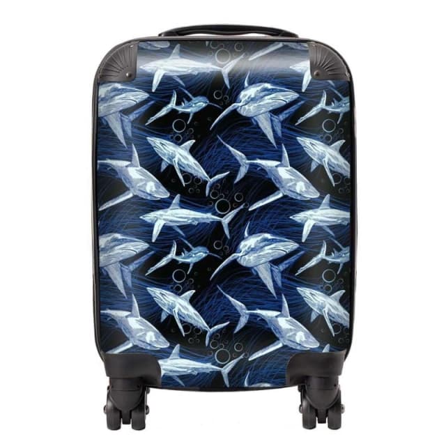 Warren Reed - Designer Hand Drawn Shark Pattern Suitcase in Blue Size: Small Blue Unisex Small