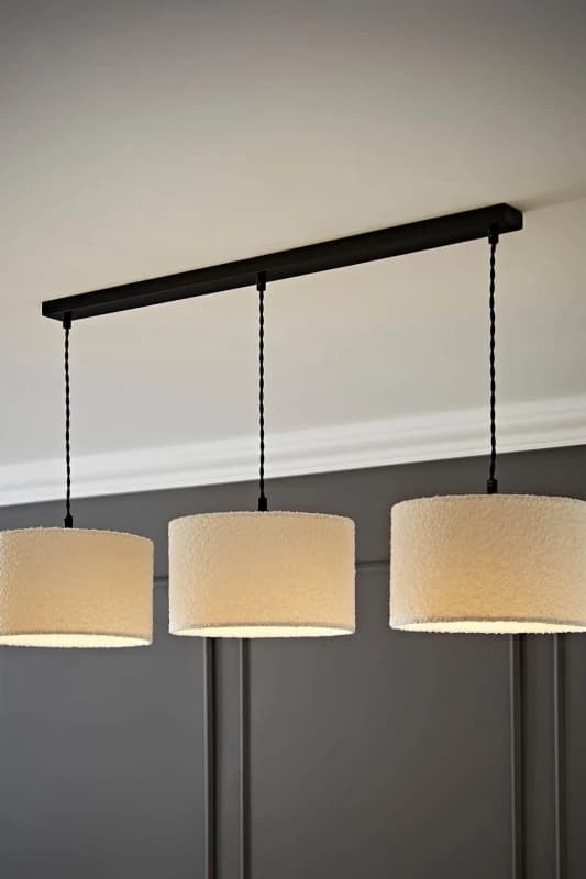 ValueLights ValueLights Reni Cream Boucle Shade 3 Drop Bar Black Diner Ceiling Pendant Light Cream One Size Unisex 5059406062889