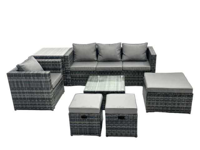 Fimous 7 Seater Patio Lounge Sofa Set with Side Table 3 Footstools in Dark Grey Dark Grey Unisex