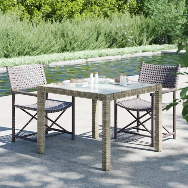 VIDAXL Garden Table 90x90x75cm Tempered Glass and Poly Rattan Grey Vidaxl 8720286666364