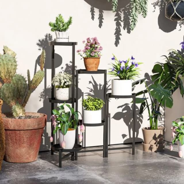 Outsunny 3 Tier Foldable Corner Plant Stand for Indoor Outdoor, Black Black