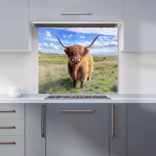 Warren Reed - Designer Highland Cow In Summer Kitchen Splashback Size: 900mm x 750mm Multicolor Unisex 900mm x 750mm