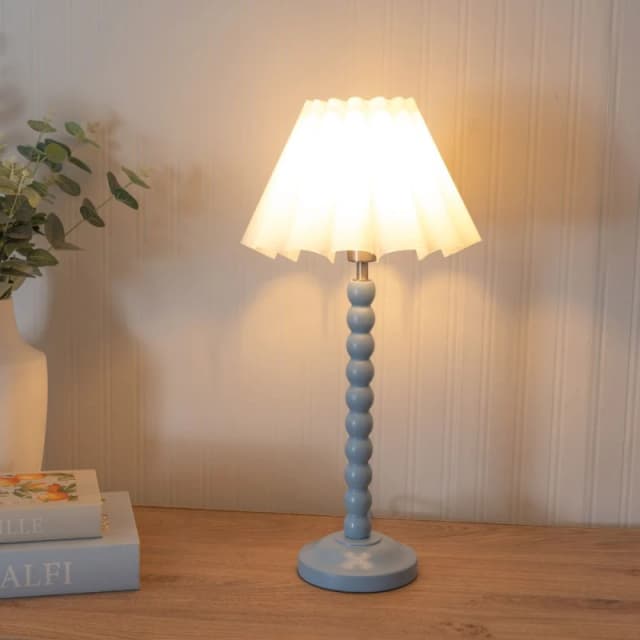 ValueLights Bobbins Powder Blue Table Lamp with Scallop Tapered Lamp Shade and LED Bulb White