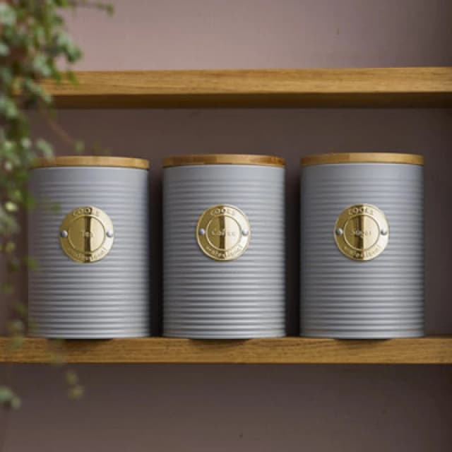Cooks Professional 3 Piece Tea, Coffee & Sugar Ribbed Canister Set With Bamboo Lids - Kitchen Storage Bins - Grey & Gold