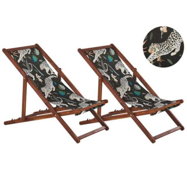 BELIANI Beliani - Set of 2 Folding Deck Chairs Sun Loungers Dark Acacia / Animal Pattern Anzio 311794
