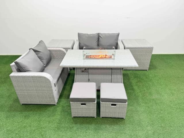 Fimous 6 Seater Outdoor Love Sofa Set Rattan Garden Furniture Set with Firepit Dining Table 2 Small Stools 2 Side Tables Light Grey Light Grey