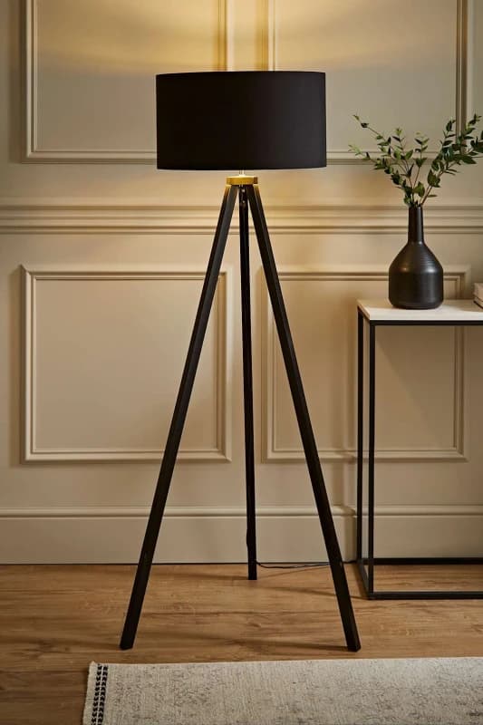 ValueLights ValueLights Barbro Black Wood Tripod Floor Light Lamp with Reni Drum Shade in Metallic Gold Metallic Gold One Size Unisex 5059406024832
