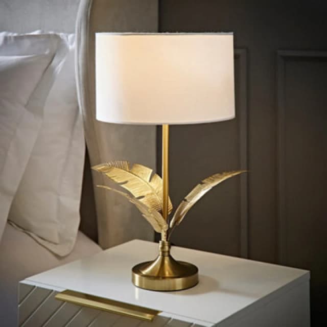 ValueLights ValueLights Christina Fabric Drum Shade Gold Palm Leaf Detail Single Stem Table Lamp in White White One Size Unisex 5059406065316