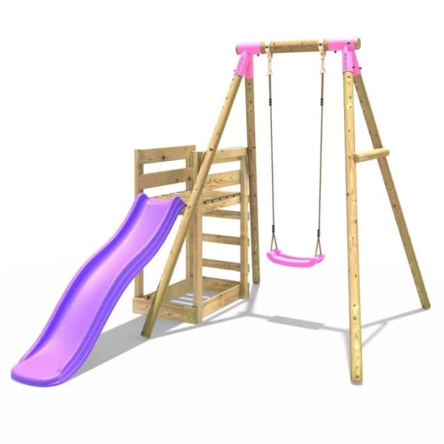 Rebo Wooden Single Swing Set with Slide - Solar Pink Pink