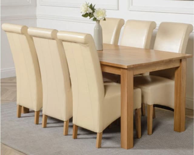 Thats Furniture Oslo 180 x 90cm Large Oak Dining Table & 6 Montana Leather Chairs in Cream Cream Unisex 180 x 90 cm