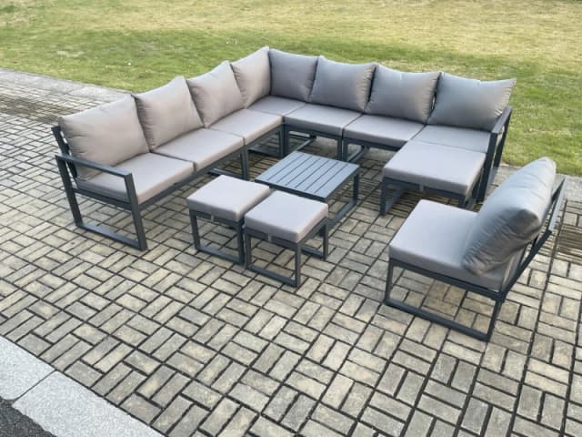 Fimous 11 Seater Patio Outdoor Garden Furniture Aluminium Lounge Corner Sofa Set with Square Coffee Table 3 Footstools Dark Grey Dark Grey Unisex