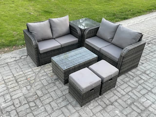 Fimous Outdoor Lounge Sofa Set Rattan Garden Furniture Set with Rectangular Coffee Table 2 Small Footstools Side Table Dark Grey Mixed Dark Grey