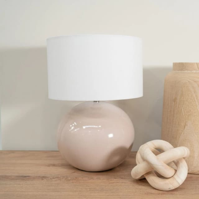 ValueLights Bosco Natural Stone Globe Ceramic Table Lamp with Fabric Lamp Shade and LED Bulb White
