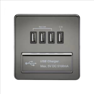 KnightsBridge 1G Screwless Black Nickel Quad USB 5V Charger Outlet - Black Insert