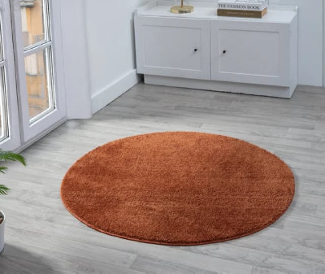 Comfy Washable Low Pile Living Room Area Rug - Anti Slip Felt Backing Terracotta 100Cm Diameter