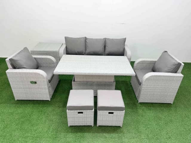 Fimous PE Rattan Garden Furniture Set Reclining Chair Sofa Lounge Sofa Set Adjustable Lifting Dining or Coffee Table Side Table 2 Small Stools Light G