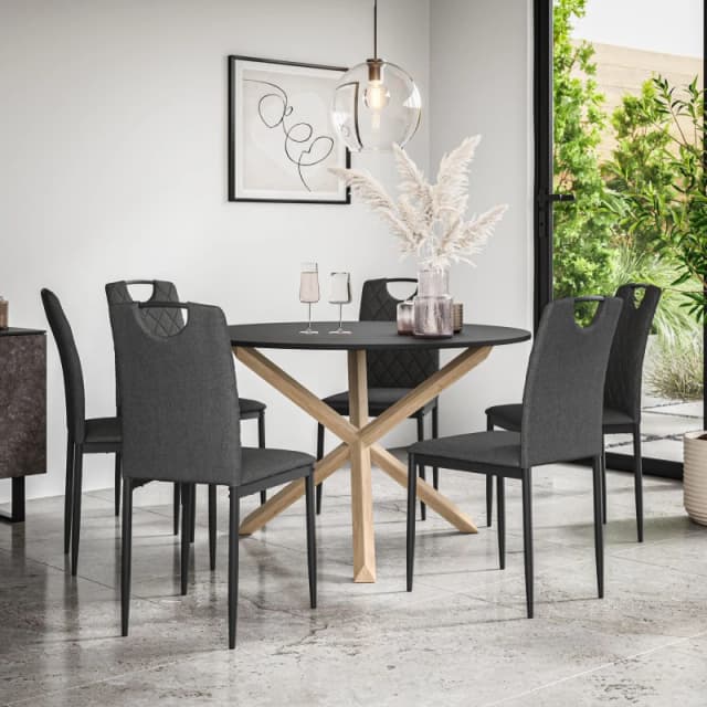 More4Homes Malvern Round Dining Table And Chairs - Black Table Top W Solid Oak Legs + Monza Fabric Dining Chair Set Of 6 (Charcoal)