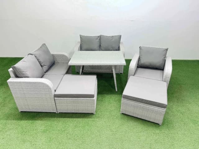 Fimous 7 Seater PE Rattan Garden Furniture Set Love Sofa Reclining Chair Set in Light Grey Light Grey Unisex