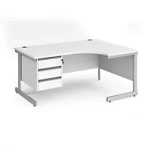 Dams International Right Hand Ergonomic Desk with 3 Lockable Drawers Pedestal and White MFC Top with Silver Frame Cantilever Legs Contract 25 1600 x 1