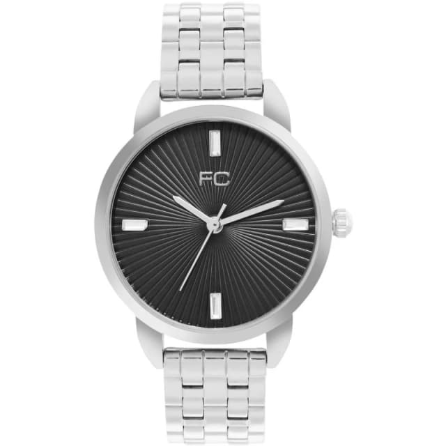 French Connection Silver Case Round Shape Silver Strap Quartz Watch Black female One Size