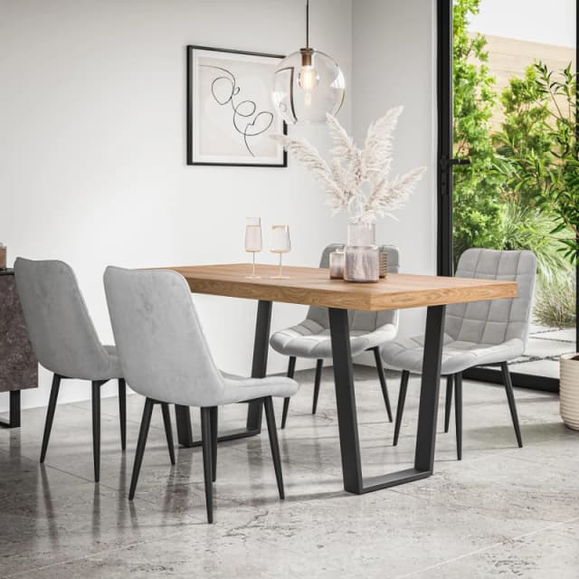 More4Homes Aria Dining Table And Chairs - Oak Effect Table Top W Black Legs + Nova Velvet Dining Chair Set Of 4 (Grey)
