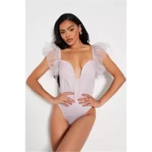 I Saw It First Lilac Marble Print Mesh Frill Sleeve Bodysuit - Purple