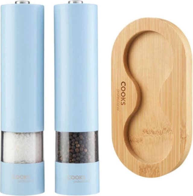 Cooks Professional Electric Salt And Pepper Mill Set With Bamboo Stand - Automatic Seasoning Condiment Grinders - Blue
