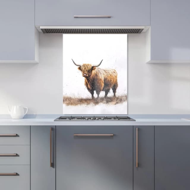 Warren Reed - Designer Highland Cow Watercolour Kitchen Splashback in Brown Size: 600mm x 750mm Brown Unisex 600mm x 750mm