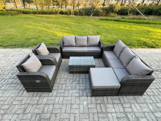 Fimous Rattan Outdoor Garden Furniture Sofa Set Patio Table & Chairs Set with 3 Seater Sofa Reclining Chair Big Footstool Dark Grey Mixed Dark Grey