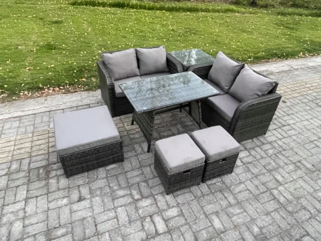 Fimous Outdoor Garden Furniture Sets 7 Pieces Rattan Furniture Manual Wicker Patio Sofa Patio Conversation Set with 3 Footstools Side Table Dark Grey