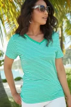 Wrinkle Free Short Sleeve Stripe V-Neck Top