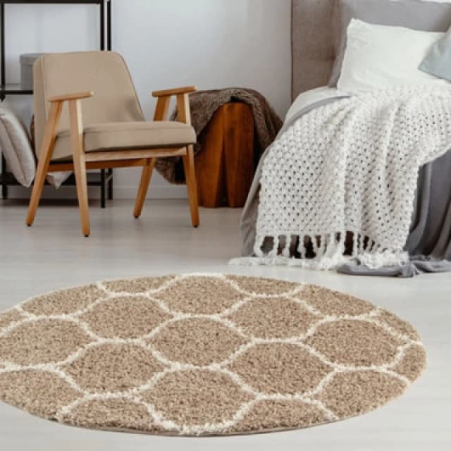 THE RUGS Soft Trellis Shaggy Rugs & Runners Beige & Ivory Living Room Size: 120cm diameter Beige Unisex 120cm diameter