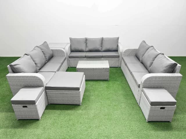 Fimous PE Rattan Lounge Sofa Set 12 Seater Outdoor Garden Furniture Set with Rectangular Coffee Table 3 Seater Sofa 3 Stools Side Table Light Grey Lig