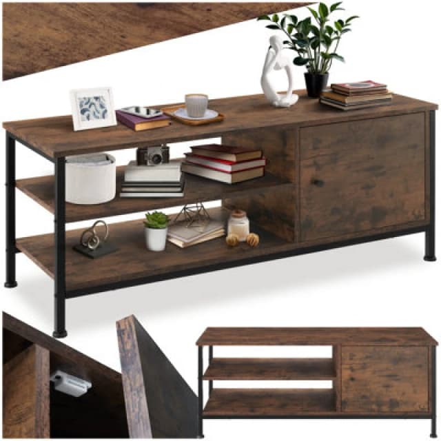 Tectake TV Stand Durban - Lowboard Cabinet With 3 Shelves, Cupboard Section With Door 110 Cm - Industrial Wood Dark, Rustic