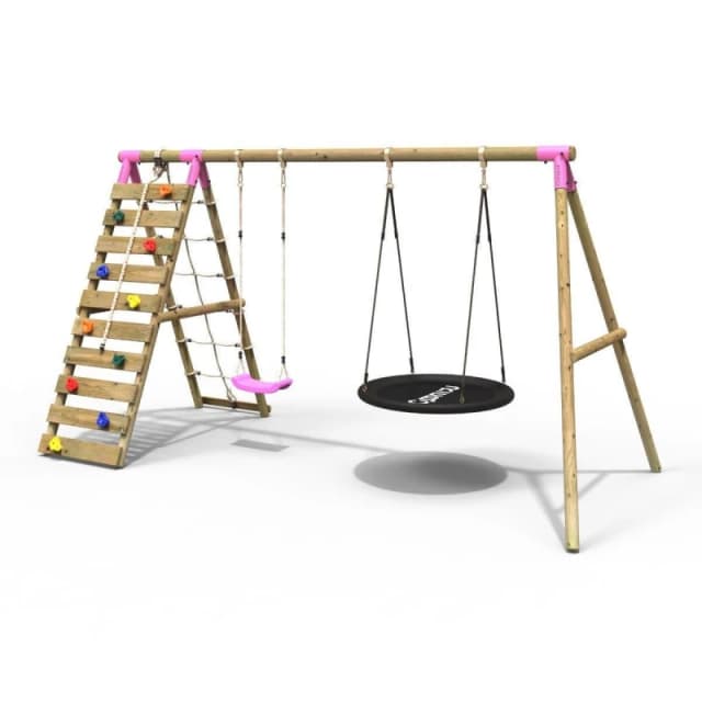 Rebo Wooden Double Swing Set with Nest Swing and Climbing Wall - Vale Pink Pink