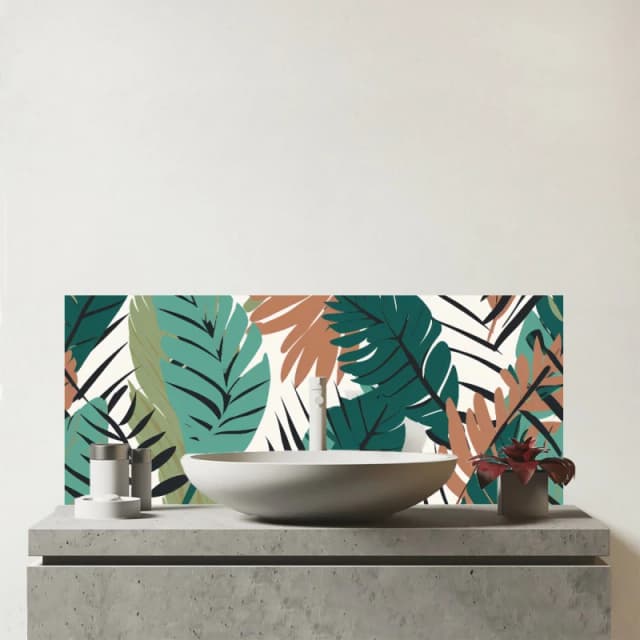 Warren Reed - Designer Tropical Floral Leaves Green Brown Glass Bathroom Splashback Green Unisex