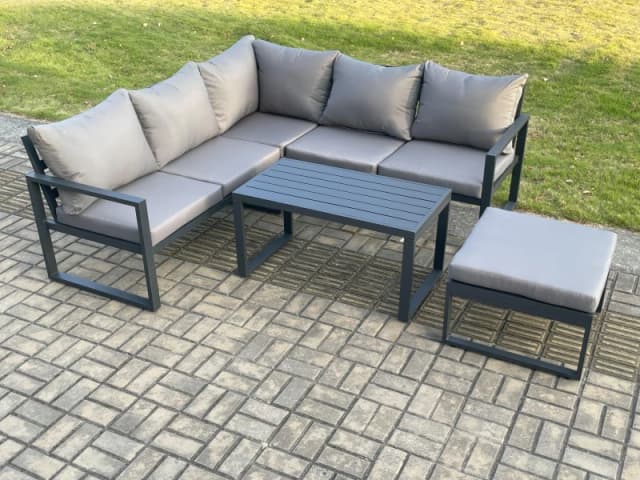 Fimous Aluminium Outdoor Garden Furniture Set Lounge Sofa Coffee Table Sets with Big Footstool Indoor Conservatory Set Dark Grey Dark Grey Unisex