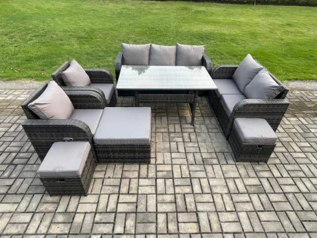 Fimous Dark Grey PE Wicker Rattan Garden Furniture Set Reclining Chair Love Sofa 2 Seater Sofa Set Outdoor Rectangular Dining Table 3 Footstools Dark